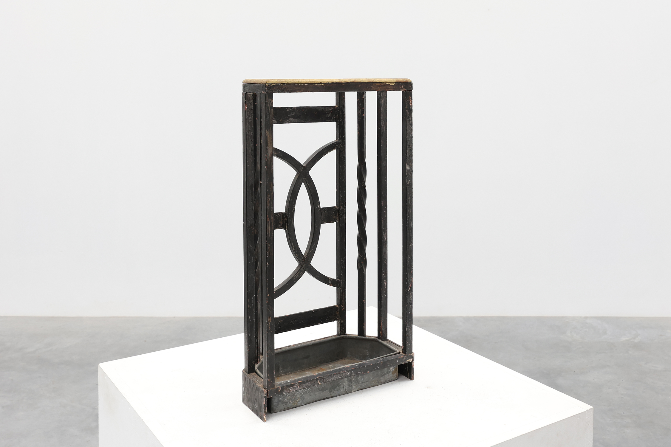 Art Deco metal umbrella stand with geometric openwork and brass rim, Belgium, 1920sthumbnail